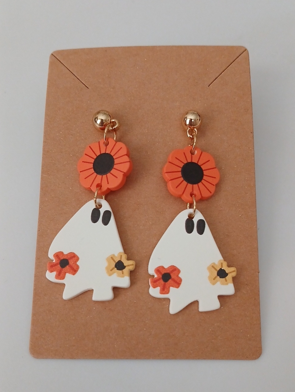 Fashion Jewelry Orange and White Ghost Flower Drop Earrings - Picture 2 of 3